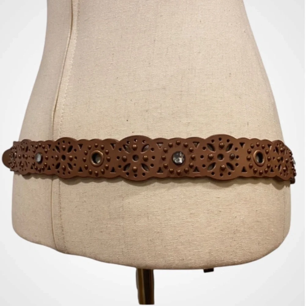 Women’s Brown Leather Studded Western Belt Bit & Bridle Cowgirl Buckle XL NWT